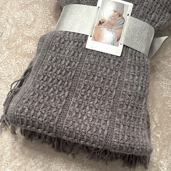 NWT New York & Co Gray Knit Fringe Scarf Pom Hat & Gloves Set Winter Cozy Gift - Picture 10 of 15